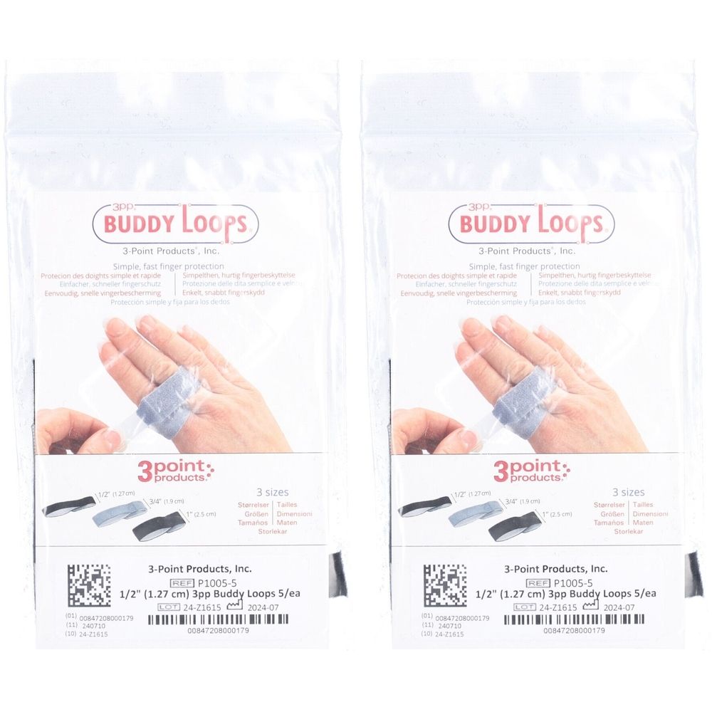 Zwei transparente Beutel mit Fingerbandagen. Aufschrift: BUDDY LOOPS, 3-Point Products. Fingerbandage am Finger gezeigt.