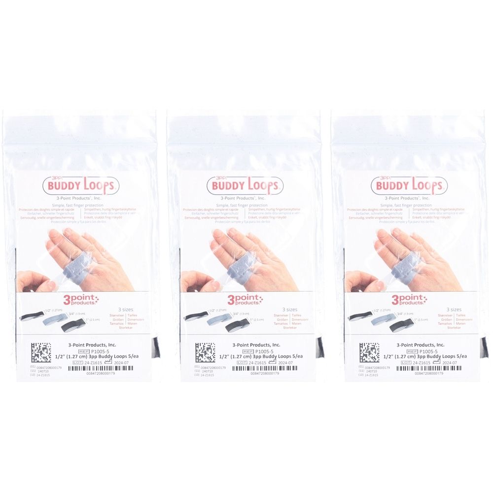 Trois emballages de bandages pour doigts. Chaque emballage montre une main avec un bandage. Inscription : Buddy Loops, 3-Point Products.