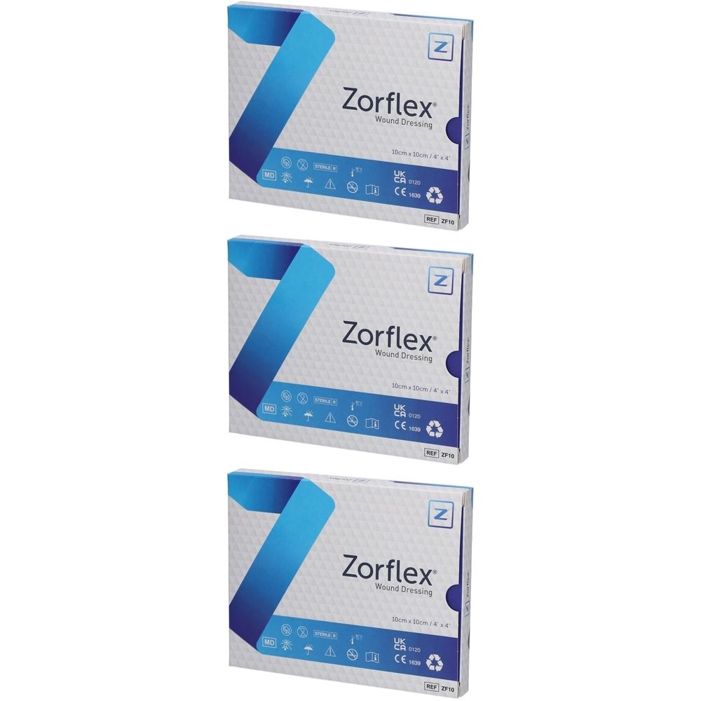 Trois boîtes de pansements Zorflex. Boîtes blanches avec design Z bleu et informations produit. Marquage CE.