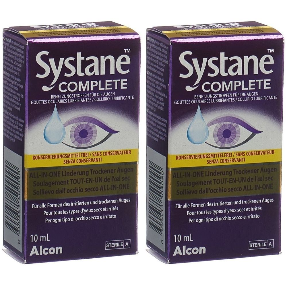 Deux boîtes de Systane COMPLETE, gouttes oculaires. Boîtes violettes avec nom du produit, illustration d'œil et texte.