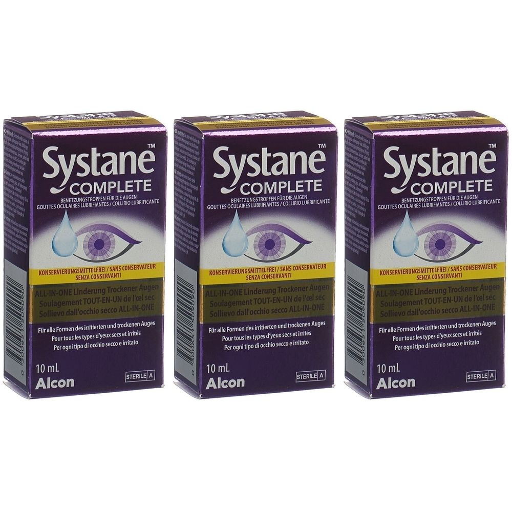 Trois boîtes Systane COMPLETE. Emballage violet avec texte blanc. Image d'un œil avec goutte. 10 ml, Alcon.