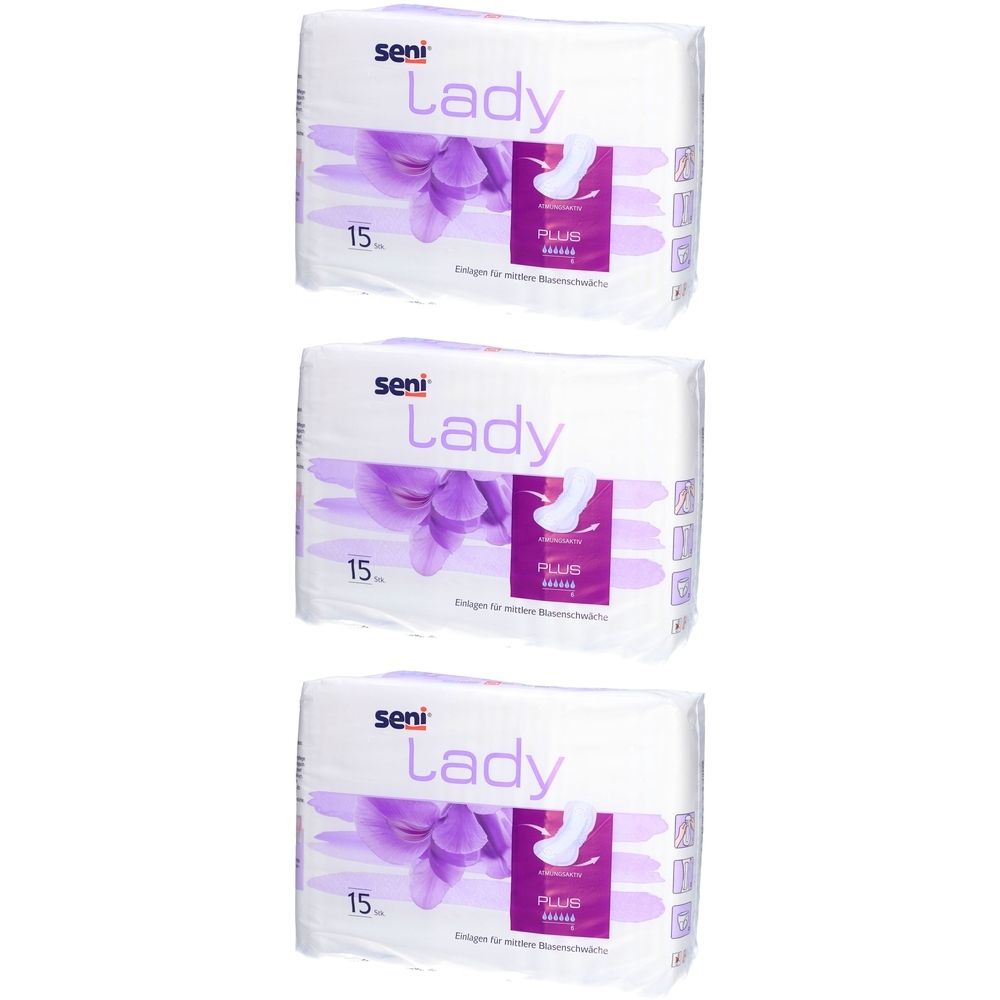 Trois paquets de serviettes SENI Lady Plus. Emballage blanc avec motif floral violet et informations produit. Chaque paquet contient 15 pièces.