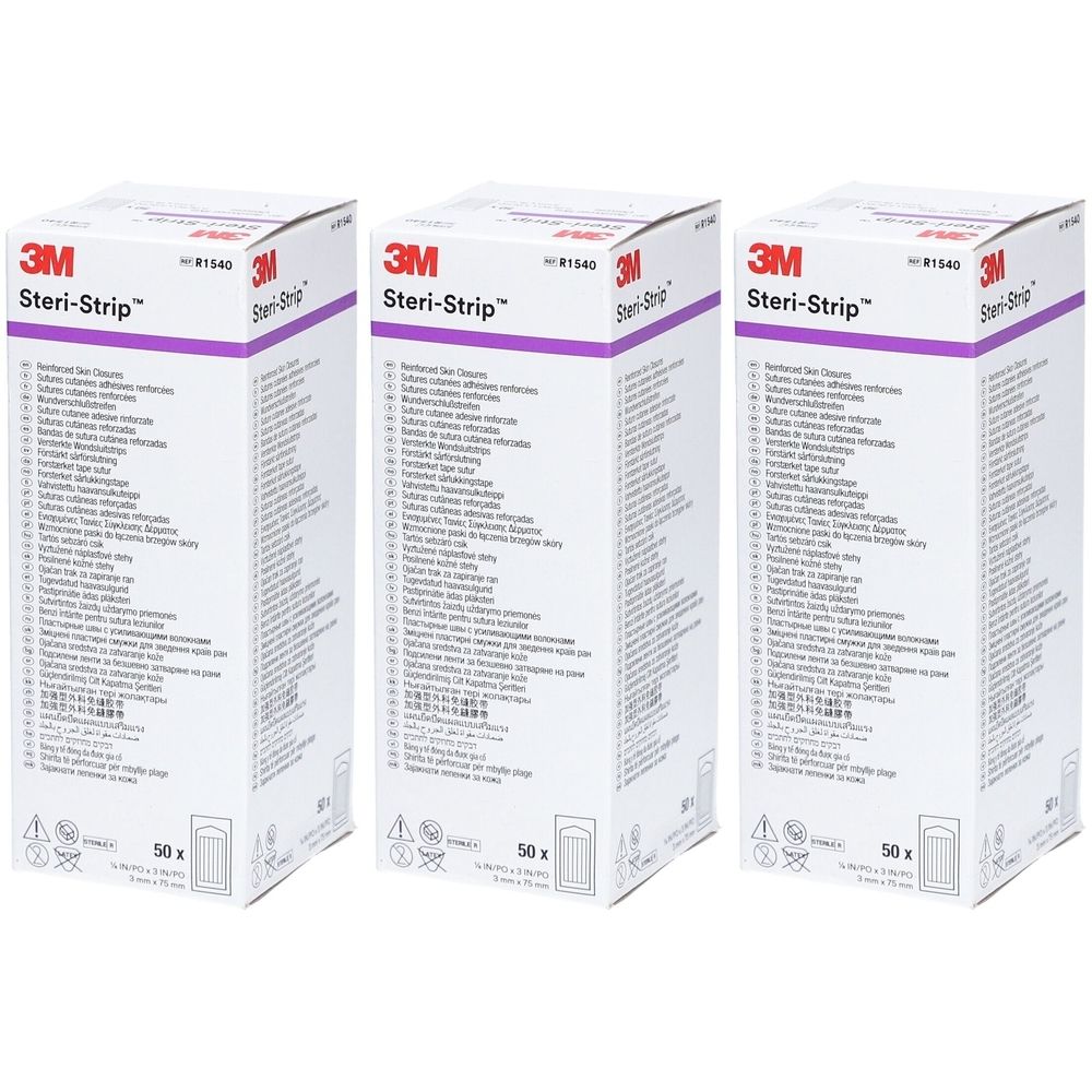 Trois boîtes de 3M Steri-Strip. Emballage blanc avec accents violets. Inscriptions multilingues.