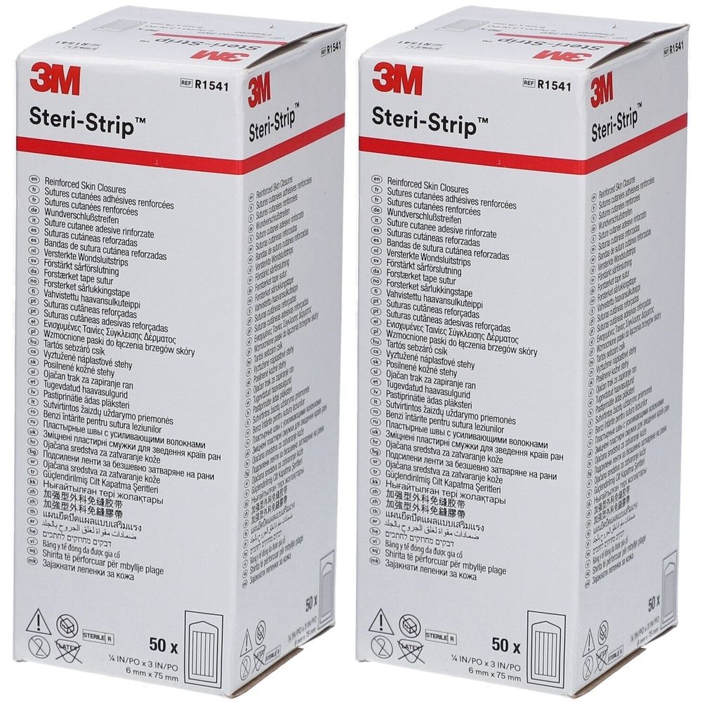 Zwei Kartons 3M Steri-Strip. Aufschrift: 3M Steri-Strip, 50 Stück, 6 mm x 75 mm. Weißer Karton mit roter Schrift.