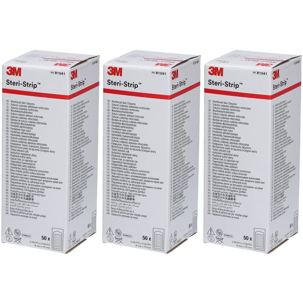 Drei Kartons 3M Steri-Strip. Weiße Verpackung mit roter Schrift. Aufschrift: 50 Stück. Produktname und Marke deutlich sichtbar.