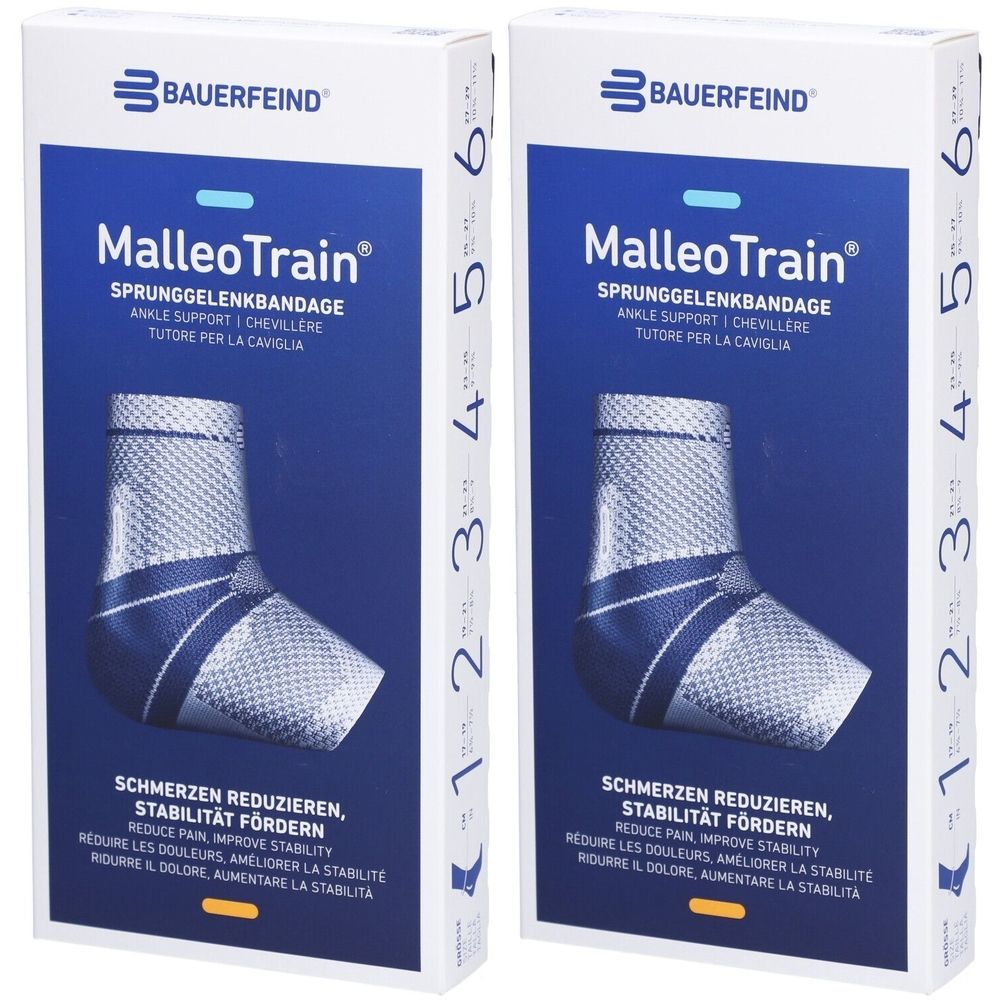 Zwei Boxen mit Knöchelbandagen. Aufschrift: MalleoTrain, Bauerfeind. Größenangabe 1-6. Reduziert Schmerzen, verbessert die Stabilität.