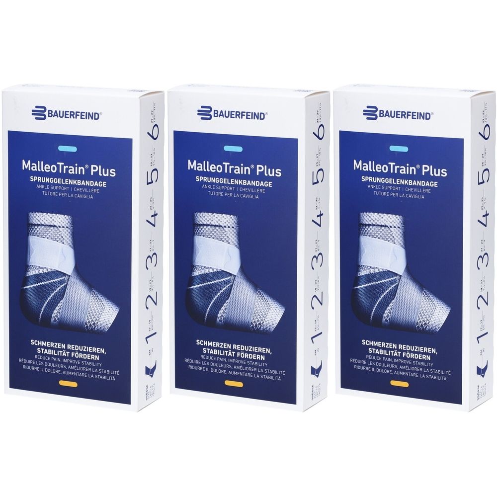 Drei Verpackungen von BAUERFEIND MalleoTrain Plus Aktivbandage. Weiße Schachteln mit blauer Schrift und Produktabbildung.