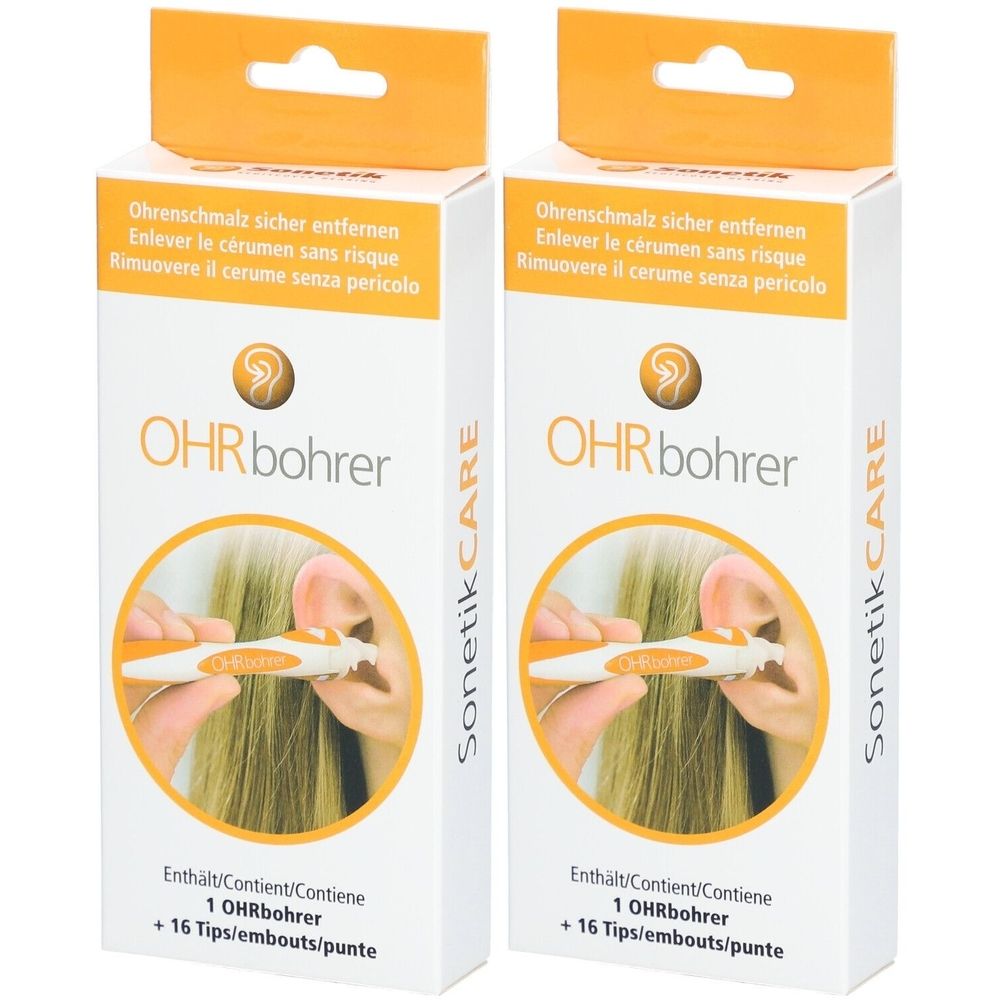 Zwei Packungen Ohrbohrer. Weiße Kartons mit orangefarbenen Akzenten. Aufschrift: OHRbohrer, SonetikCARE. Enthält 1 Ohrbohrer + 16 Spitzen.