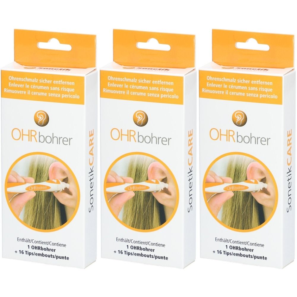 Drei Schachteln Sonetikcare Ohrbohrer. Weiße Verpackung mit orangefarbenem Deckel. Aufdruck: OHRbohrer, Illustration eines Ohrs, Text in mehreren Sprachen.