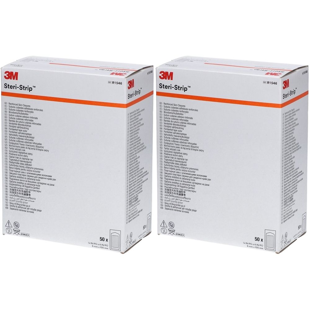 Zwei Kartons 3M Steri-Strip. Weißer Karton mit orangefarbenem Streifen und Produktinformationen. 50 Stück.