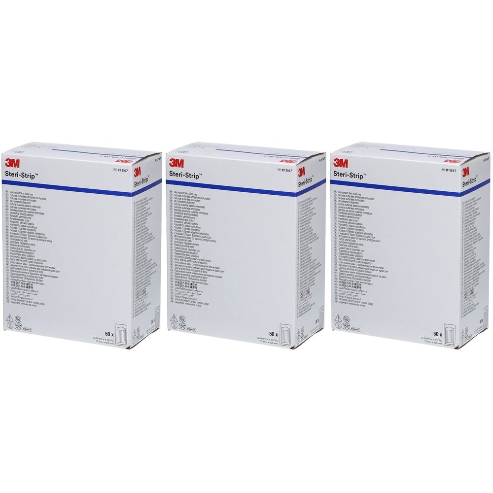 Trois boîtes blanches avec une ligne bleue. Inscription : 3M Steri-Strip.