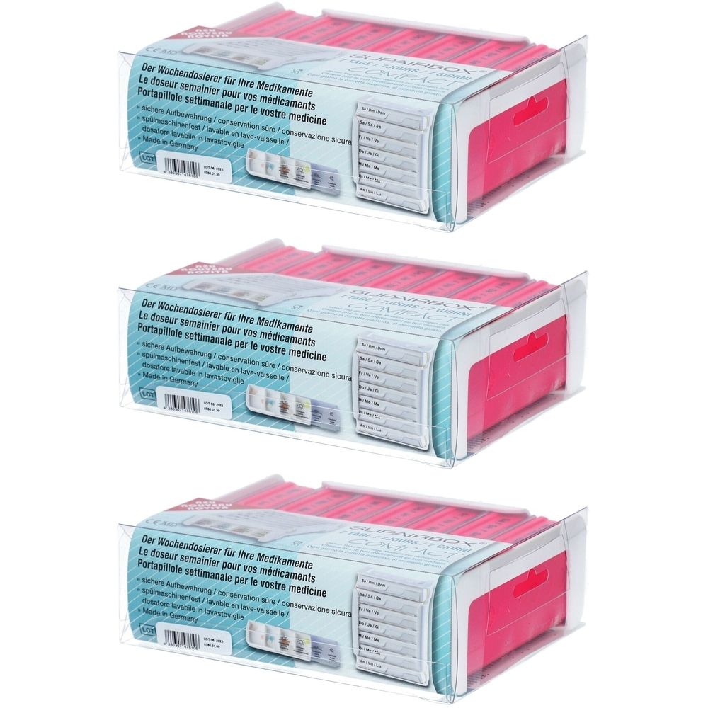 Drei SUPERBOX Semainier Rose in Verpackung. Rosa Pillenboxen mit Wochenaufteilung. Text auf Verpackung.