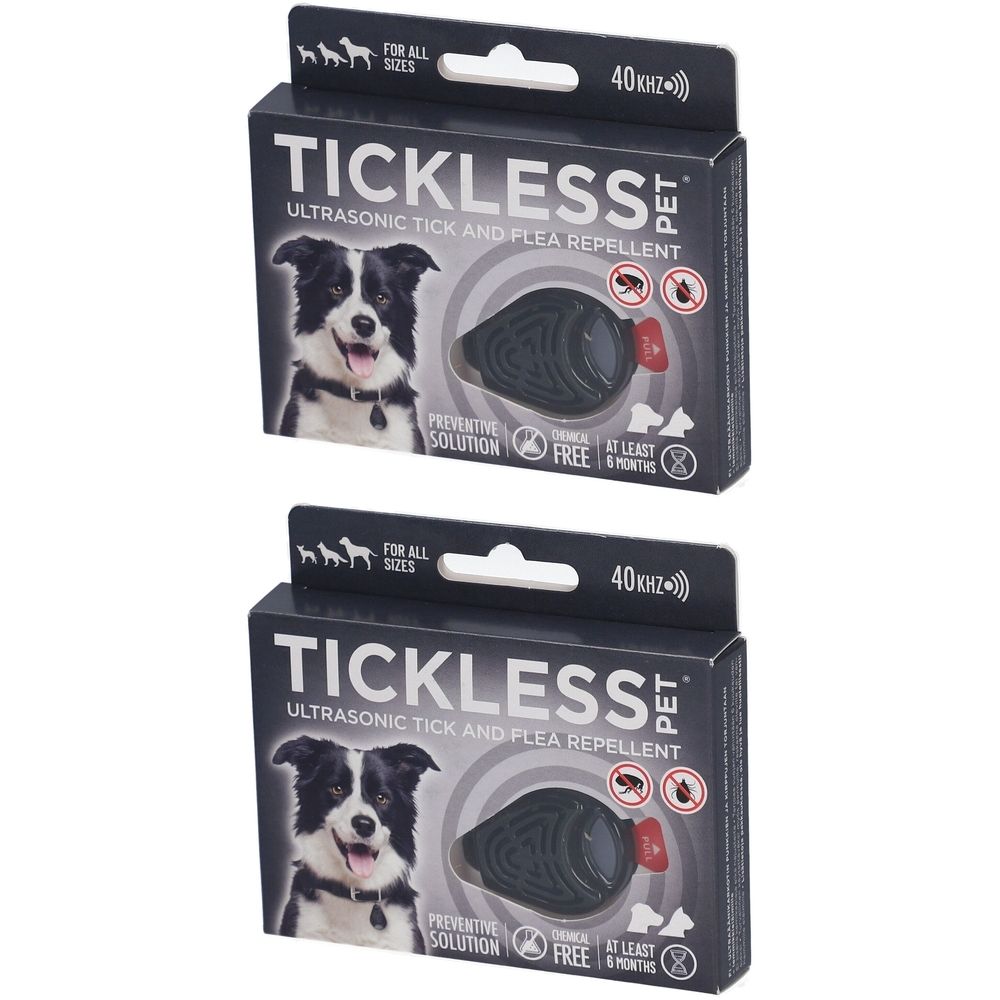 Zwei Packungen mit Zecken- und Flohschutz für Haustiere. Schwarze Verpackung mit Produktbild und Text.