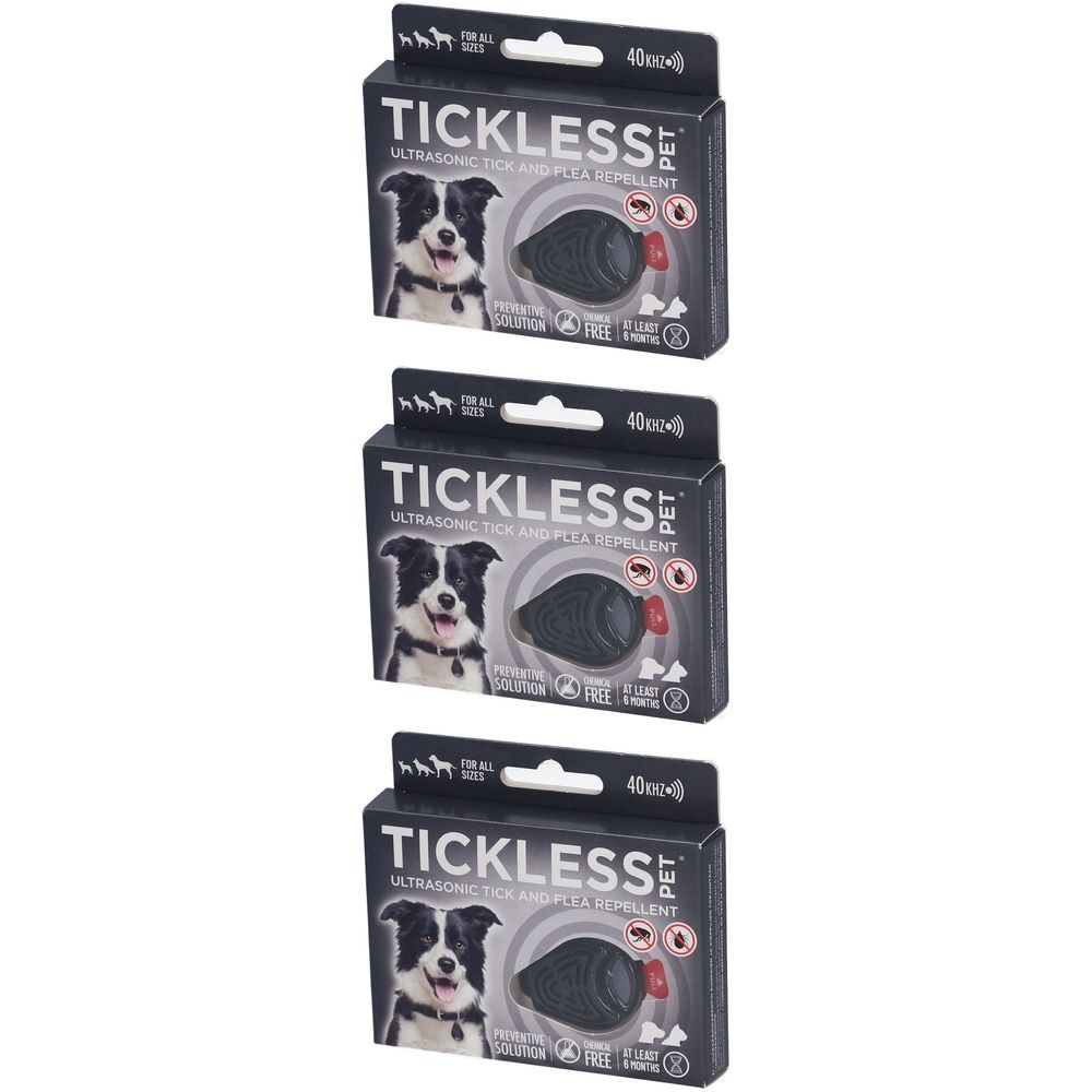 Drei Packungen mit dem Produkt. Auf jeder Packung ist ein Hund abgebildet, sowie der Schriftzug "TICKLESS".