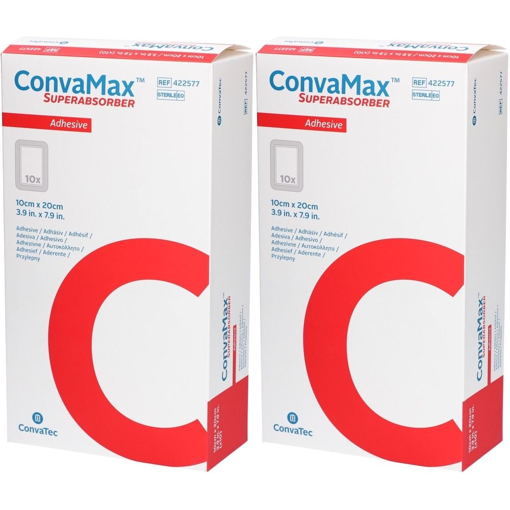 Zwei Kartons CONVAMAX Superabsorber. Aufschrift: 10x, 10cm x 20cm, Adhesive. Roter "C"-Buchstabe. Marke: ConvaTec.