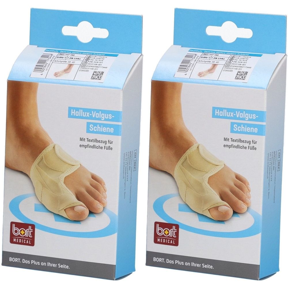 Deux boîtes de Hallux-Valgus-Schiene. Marque BORT MEDICAL. Illustration du produit : pied avec attelle.