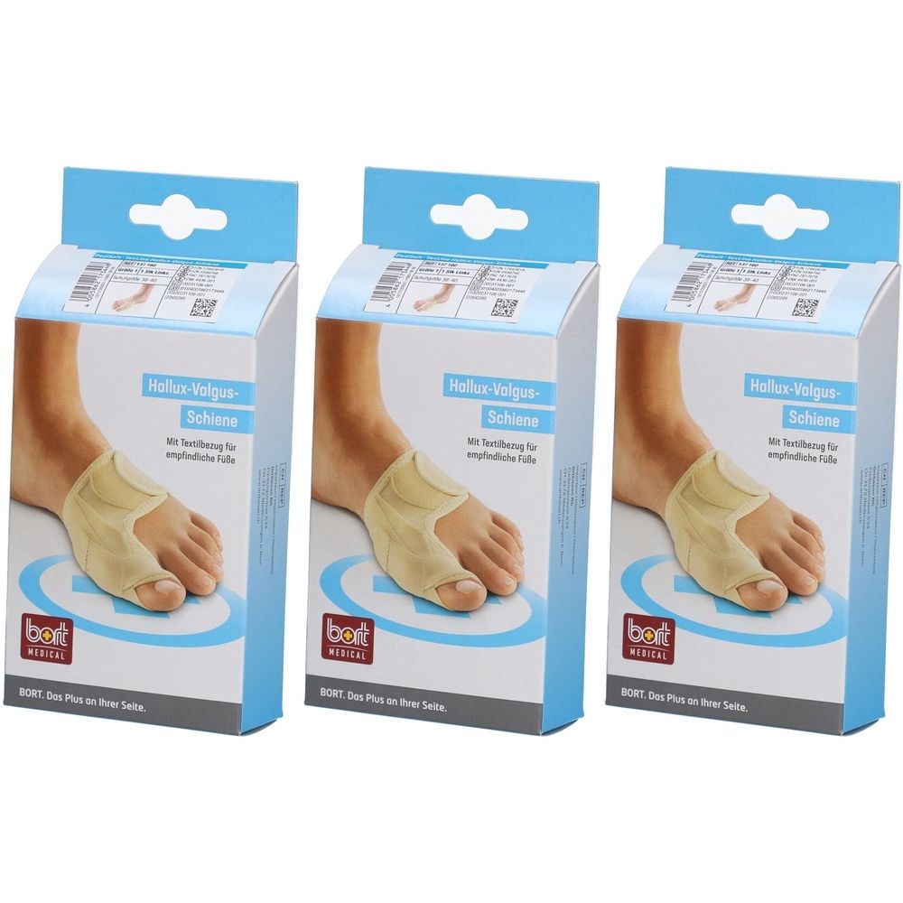 Trois boîtes de support Hallux-Valgus. Chaque boîte montre un pied avec un support. Emballage bleu et blanc.