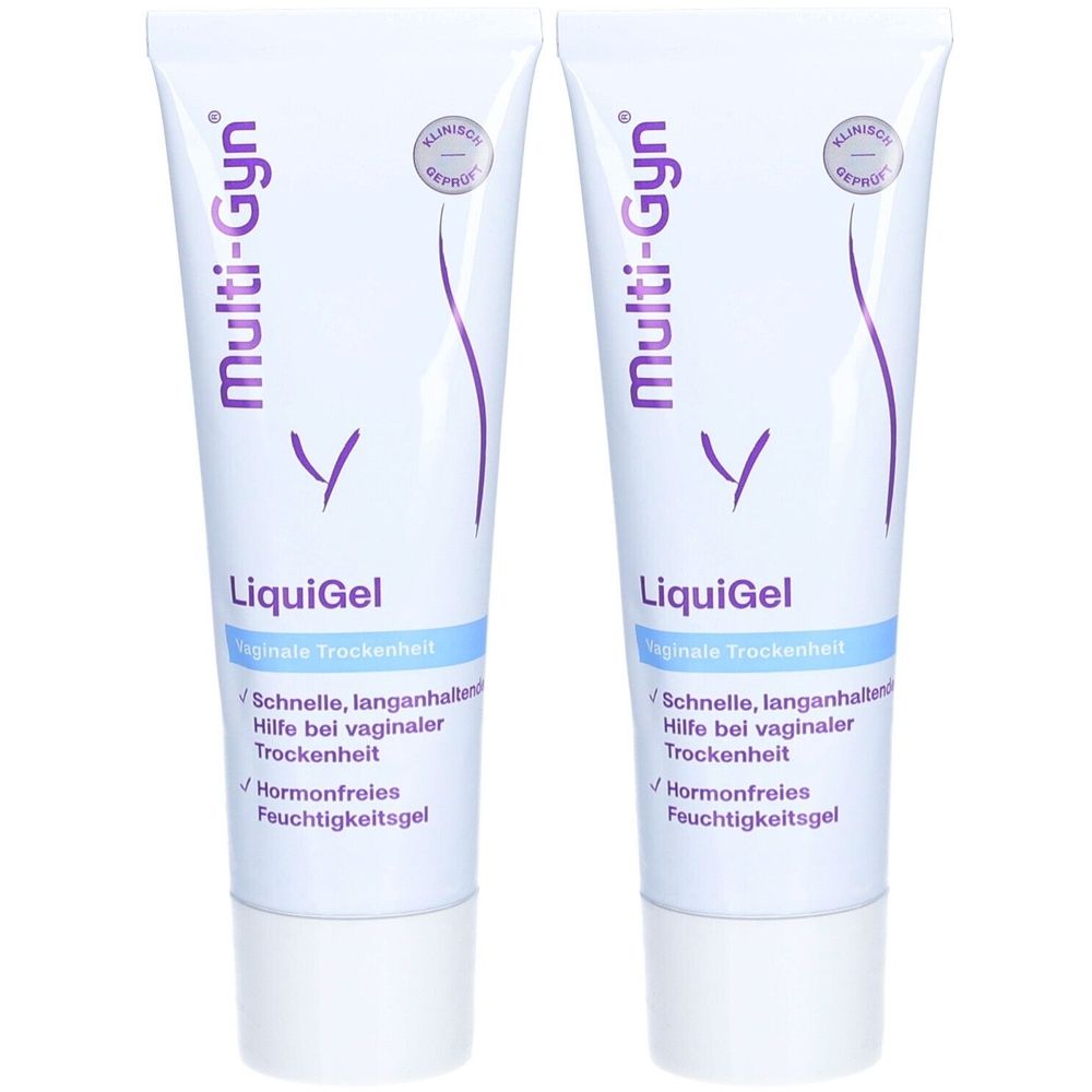 Deux tubes de "Multi-Gyn LiquiGel". Tubes blancs avec texte bleu et logo. Inscription : "Aide rapide et durable pour la sécheresse vaginale".