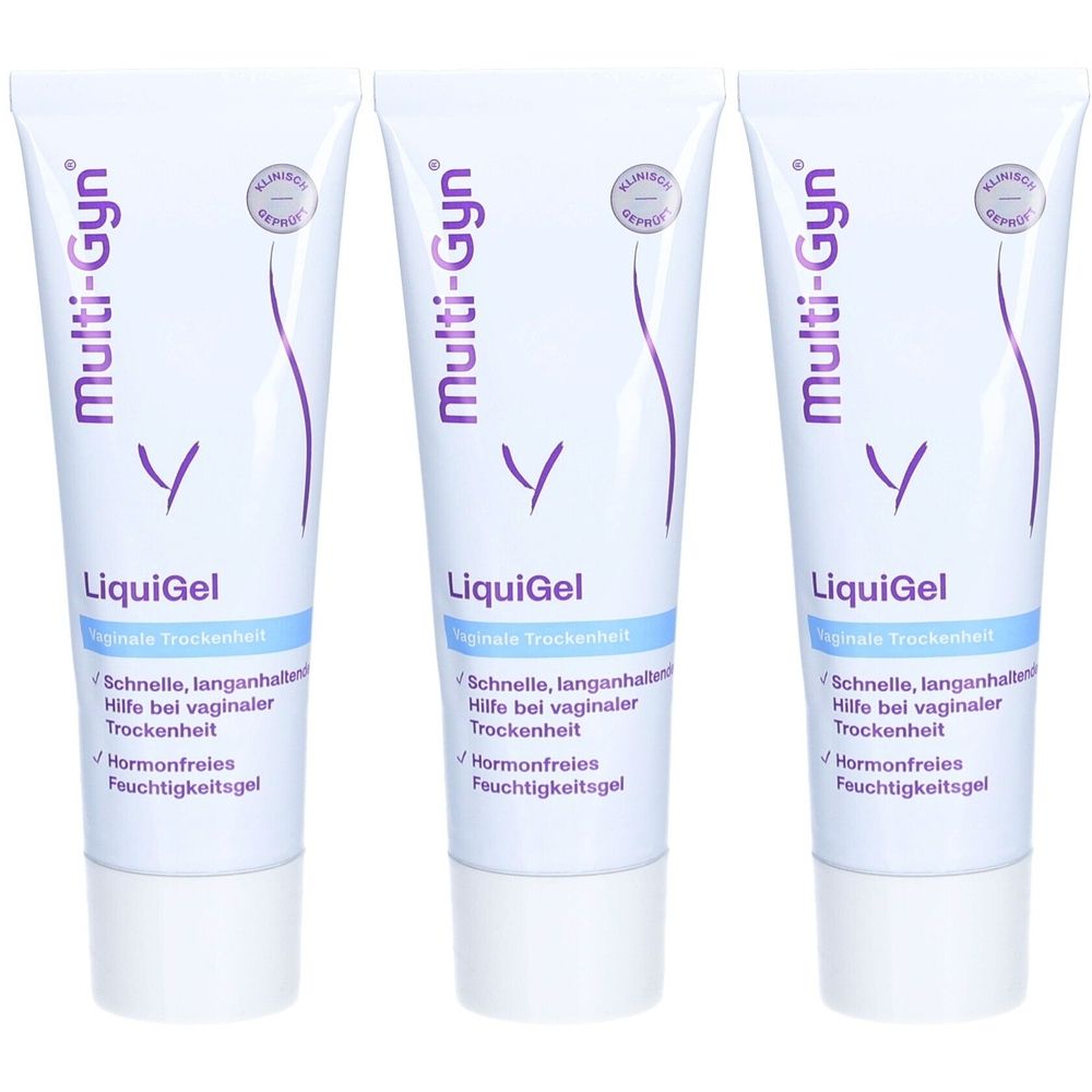 Trois tubes de gel. Marque Multi-Gyn LiquiGel. Texte en allemand. Emballage blanc avec logo violet. Mention "Testé cliniquement".