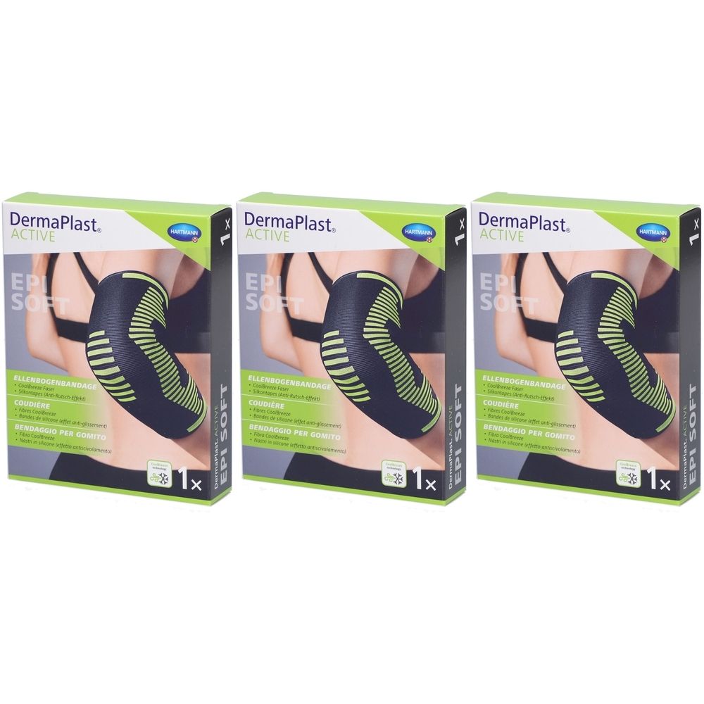 Drei Verpackungen von Dermaplast Aktiv Epi Soft. Jede Packung zeigt eine schwarze Ellbogenbandage mit grünen Streifen.
