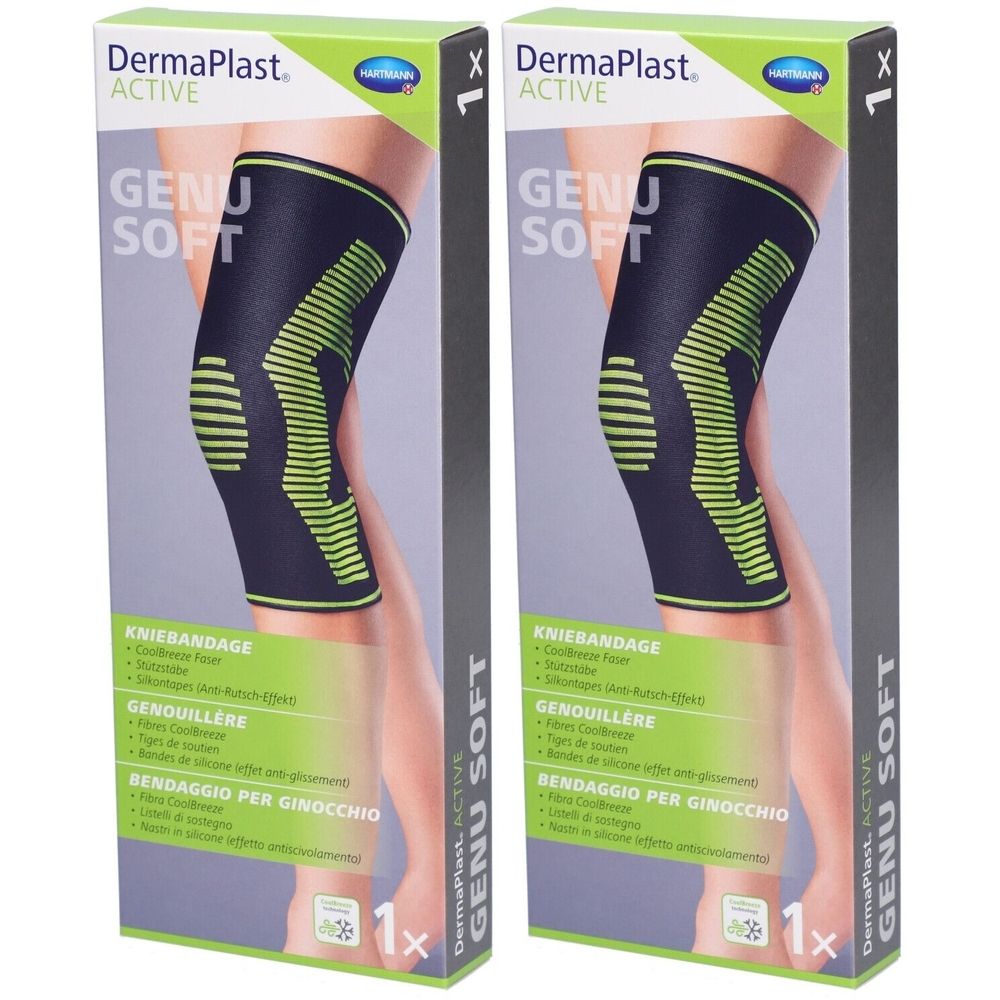 Zwei Packungen Kniebandagen. Schwarze Bandage mit grünen Streifen. Text: DermaPlast Active Genu Soft, Kniebandage, 1x.