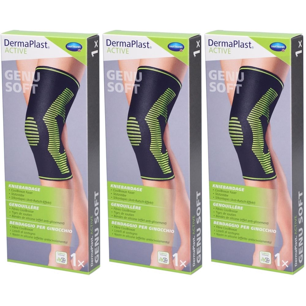 Drei Verpackungen von Dermaplast Aktiv Genu Soft M Kniebandagen. Jede Packung zeigt eine Kniebandage in Schwarz und Grün, mit Produktnamen.