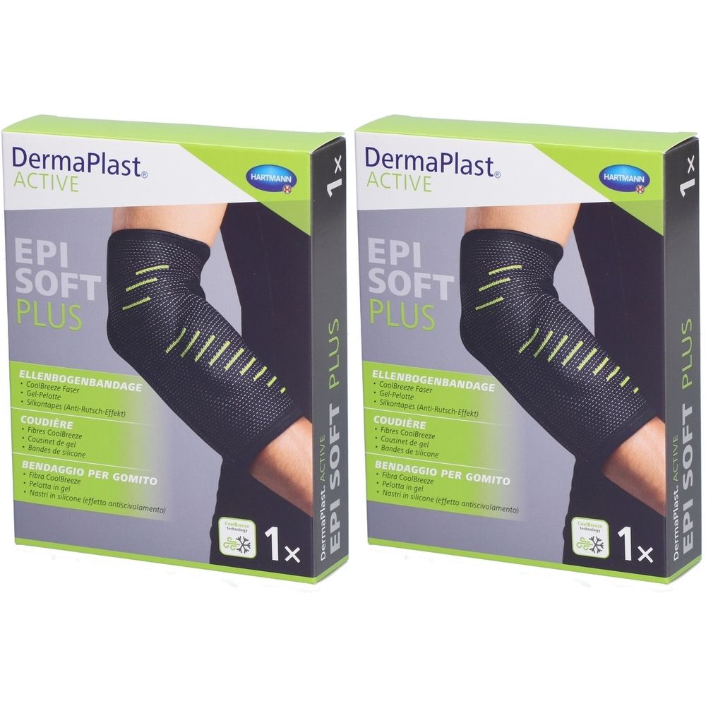 Deux boîtes de bandages pour le coude. Inscription : DermaPlast Active Epi Soft Plus. 1 pièce par boîte.