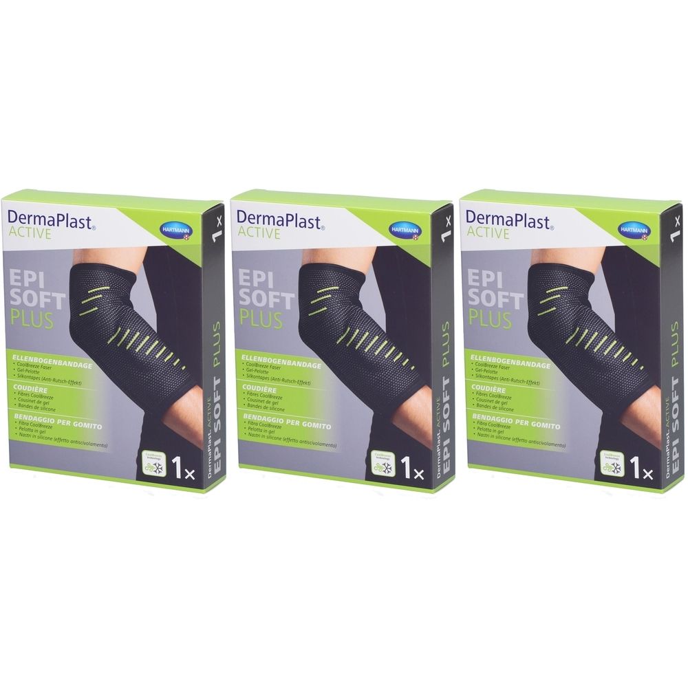 Trois boîtes de HARTMANN Dermaplast Aktiv Epi Soft Plus S4. Chaque boîte montre un coudière noire.
