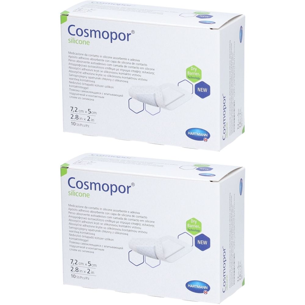 Deux boîtes de pansements "Cosmopor silicone". Inscriptions : 7,2 x 5 cm, 10 pièces, étiquette "NEW", logo Hartmann.