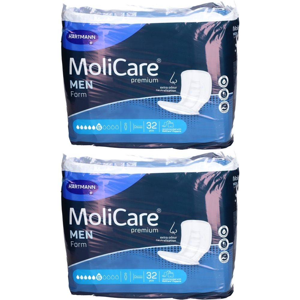 Deux paquets de MoliCare Premium Form pour hommes. Emballage bleu avec nom du produit et indicateur d'absorption.