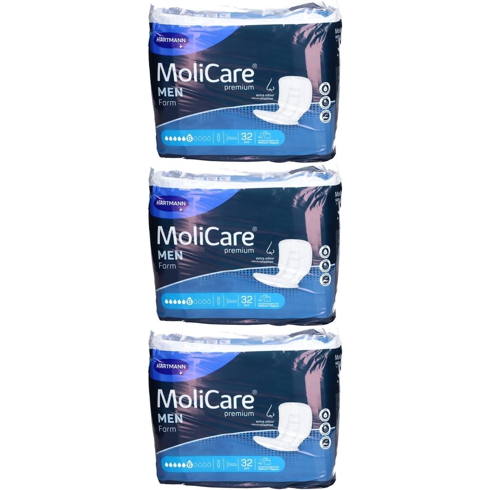 Trois paquets de MoliCare Men Form. Emballage bleu avec image du produit et texte. 32 pièces par paquet.