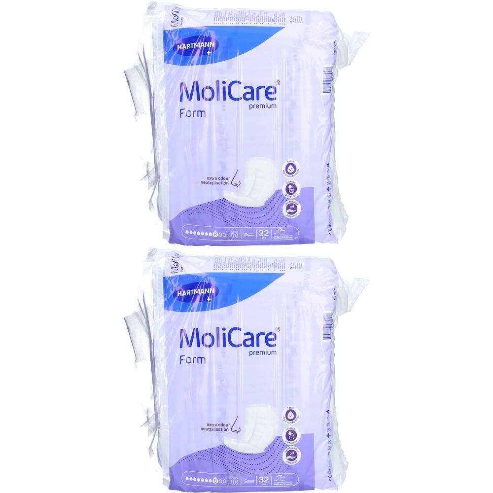 Zwei Packungen MoliCare Premium Form. Verpackung mit Produktabbildung und Produktinformationen. Marke Hartmann.