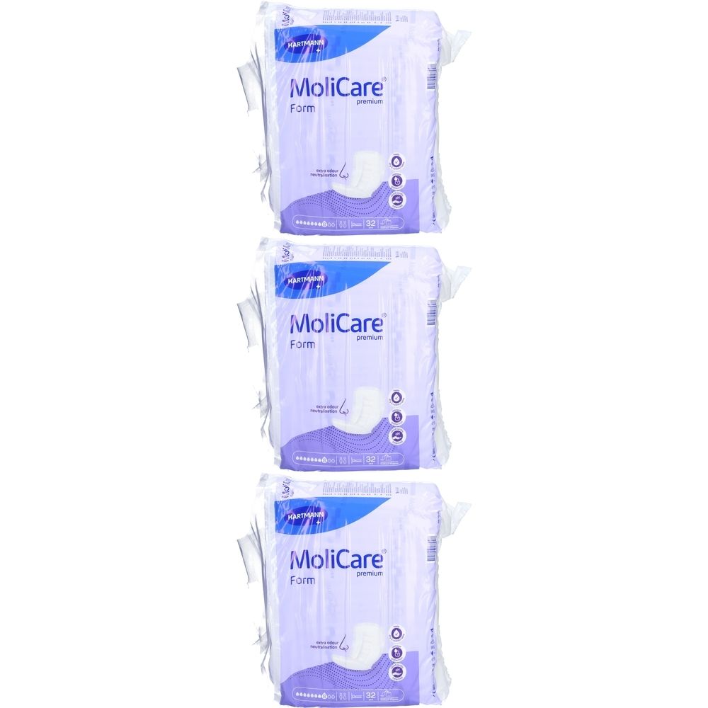 Drei Packungen MoliCare Premium Form. Jede Packung zeigt das Produkt und die Marke. Verpackung in Folie.