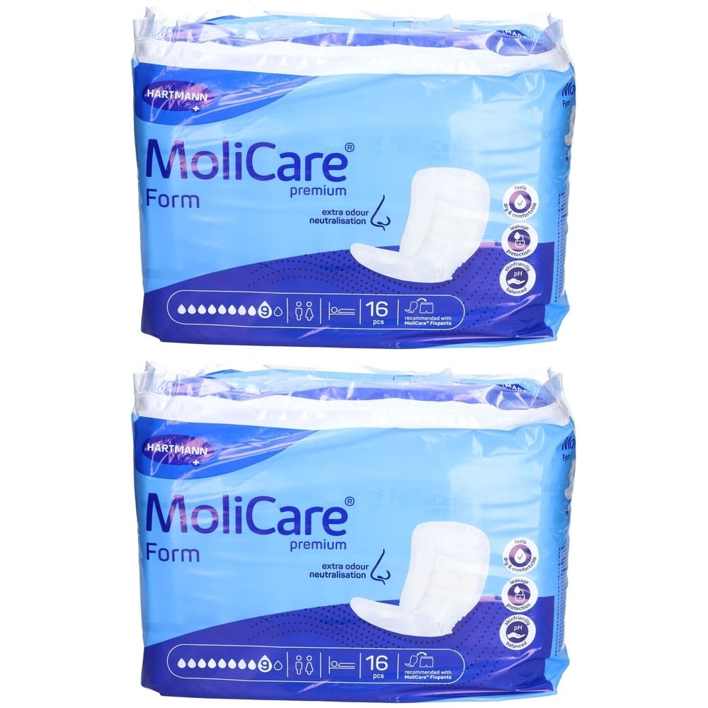 Deux paquets de MoliCare Premium Form. Emballage bleu avec nom du produit, Form et 16 pièces. Neutralisation des odeurs.