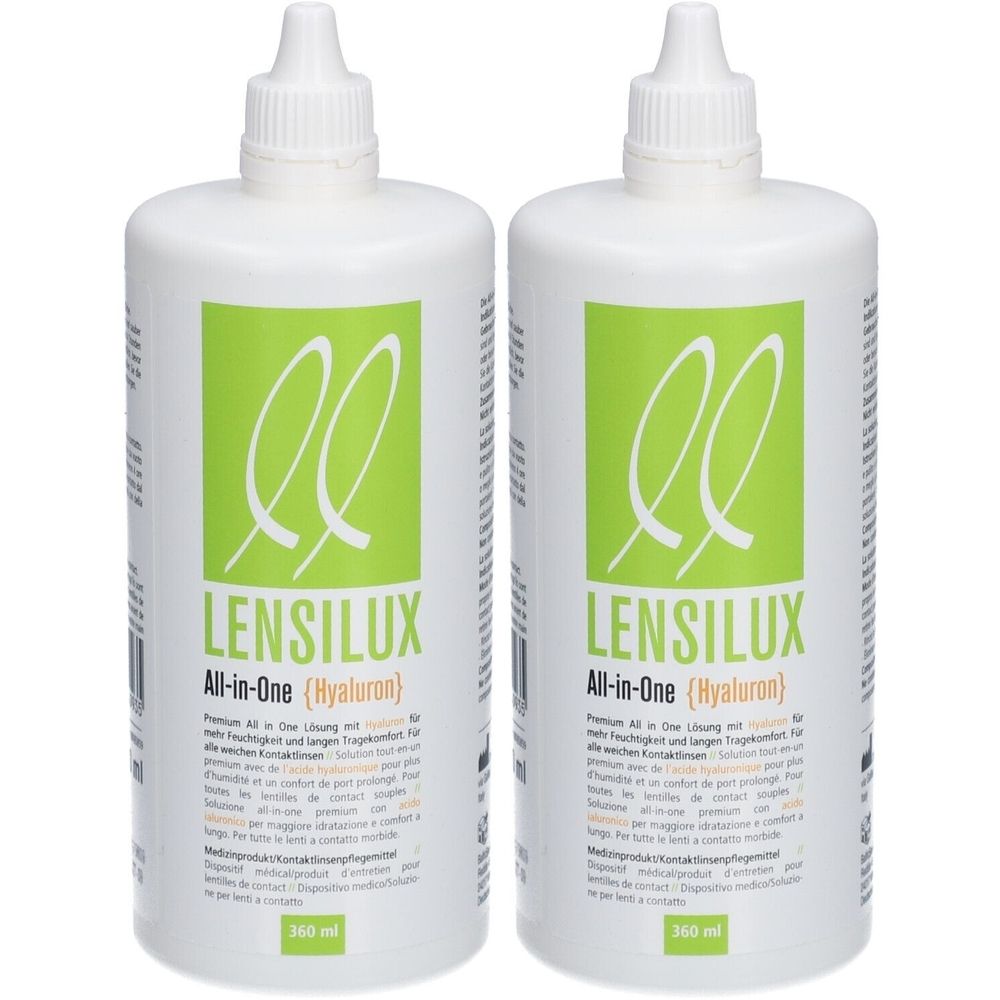 Zwei weiße Flaschen mit grünem Etikett. Auf dem Etikett steht "LENSILUX All-in-One (Hyaluron)". Jede Flasche hat einen weißen Verschluss.