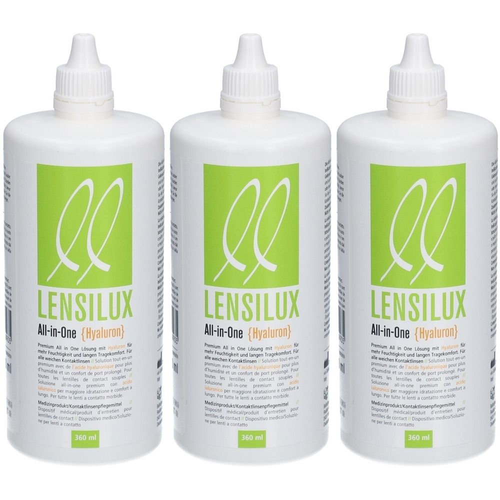 Drei weiße Flaschen mit grünem Etikett. Aufschrift: LENSILUX All-in-One (Hyaluron). Flaschen mit Schraubverschluss.