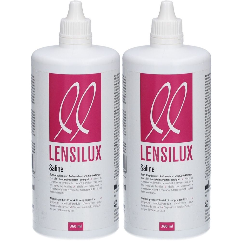 Deux flacons de Lensilux Saline. Bouteilles blanches avec étiquette rose et informations sur le produit. 360 ml.