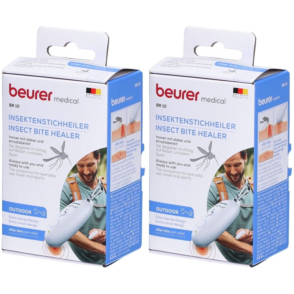 Zwei Verpackungen des Insektenstichheilers. Aufschrift: beurer medical, INSEKTENSTICHHEILER, INSECT BITE HEALER. Produktabbildung und Text in Deutsch und Englisch.