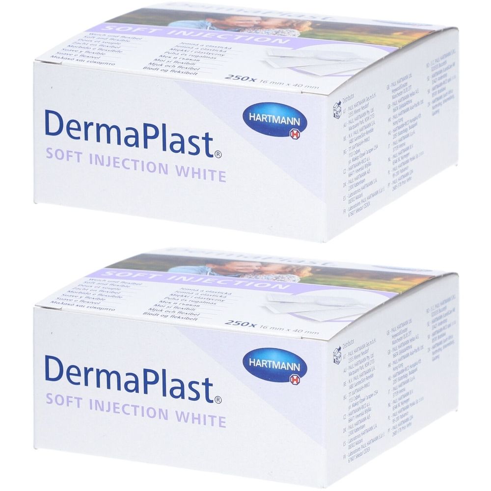 Zwei Kartons mit Pflastern. Aufschrift: Dermaplast Soft Injection White. Marke: HARTMANN. Verpackung mit 250 Stück.