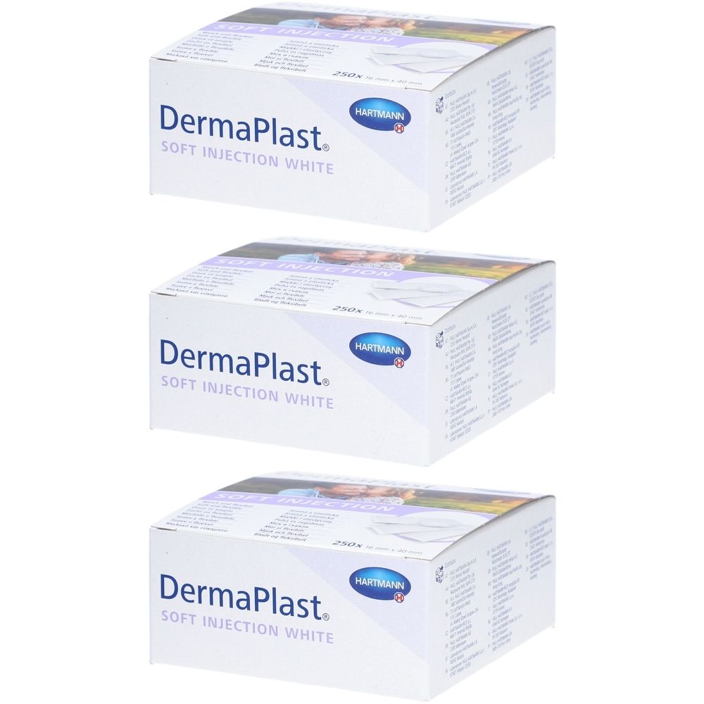 Drei Kartons mit "DermaPlast Soft Injection White" Aufschrift. Marke HARTMANN. Weiße Verpackung mit blauer Schrift.