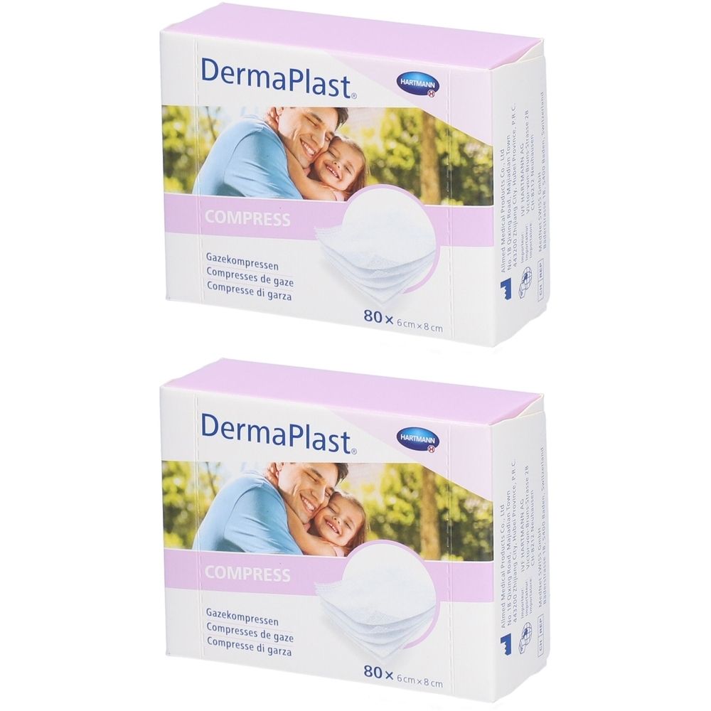 Zwei Kartons Dermaplast Mullkompressen. Aufdruck: 80 Stück, 6 x 8 cm. Abbildung: Vater und Kind. Text: Compress, Gazekompressen, Compresses de gaze, Compresse di garza.