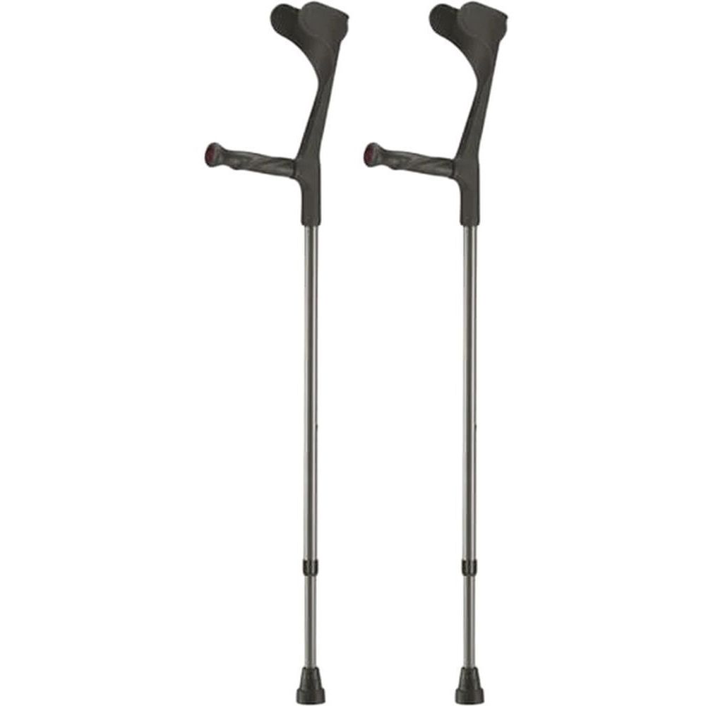 Zwei schwarze Krücken mit anatomischem Griff und Reflektoren. Silberne Stangen, schwarze Gummifüße.
