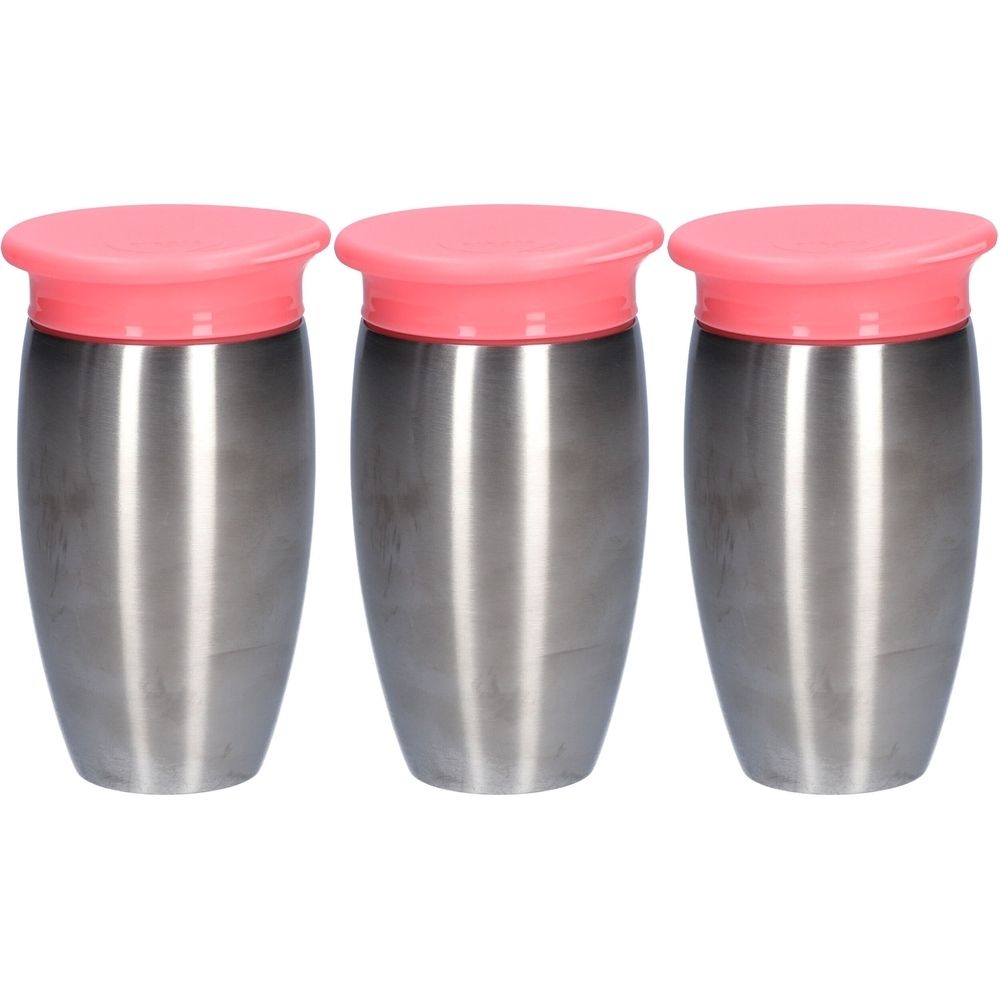 Trois gobelets en acier inoxydable avec couvercles roses. Les gobelets sont de forme cylindrique et ont une surface métallique lisse.