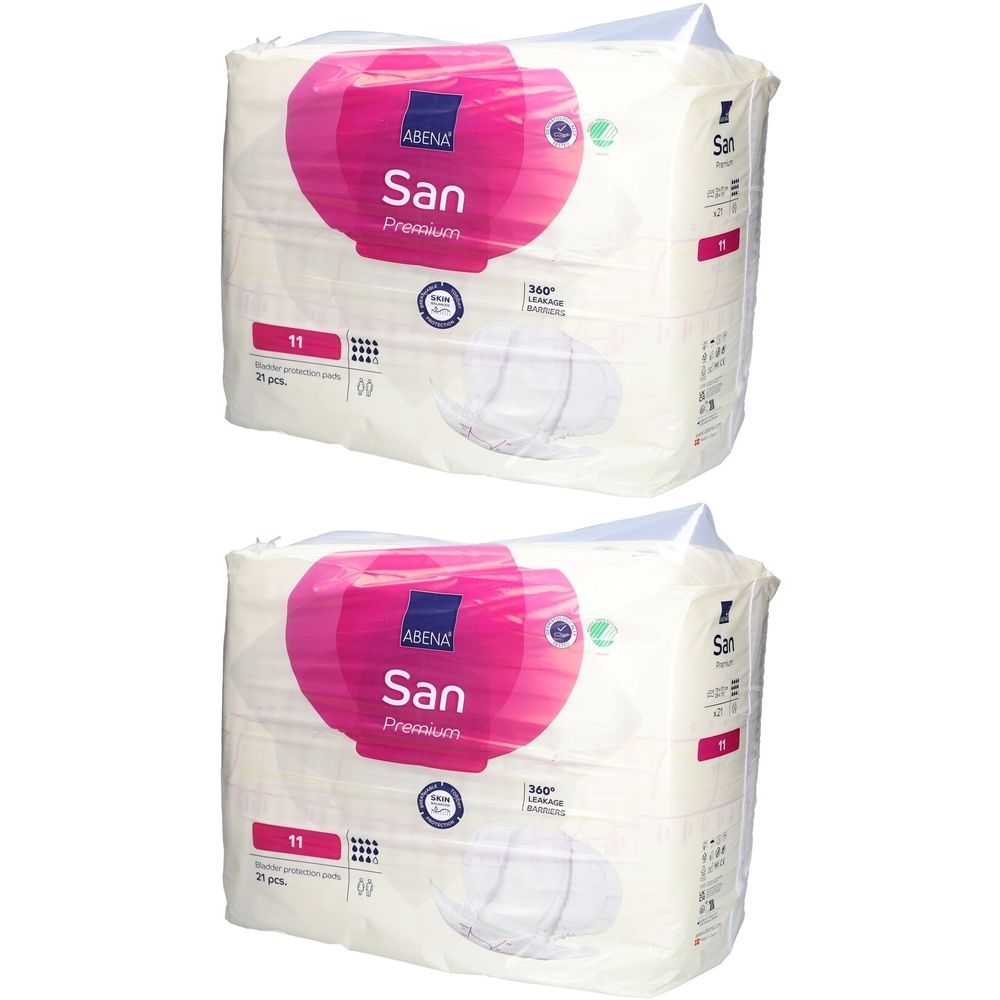 Deux paquets de protections ABENA San Premium 11. Emballage avec cercle rose, nom du produit, taille 11 et 21 pièces.
