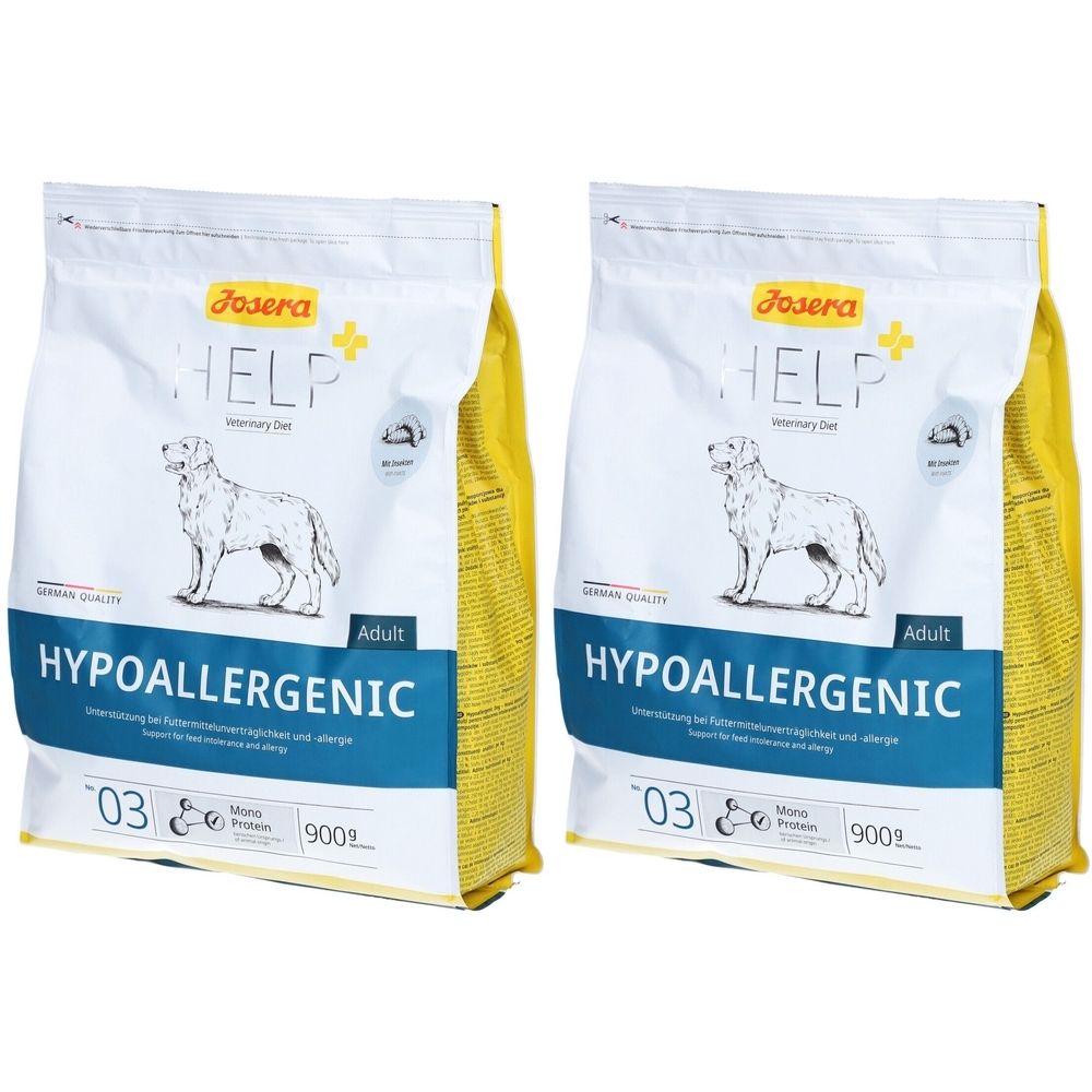 Zwei Beutel Tiernahrung. Aufschrift: Josera HELP Hypoallergenic. Abbildung eines Hundes. Gelb-weiße Verpackung.