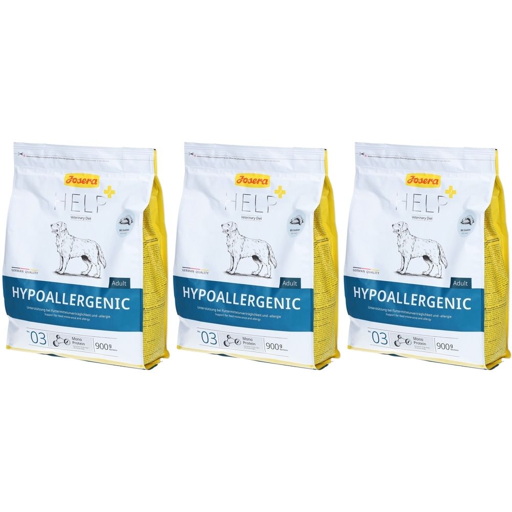 Drei Beutel Josera Hypoallergenic Hundefutter. Weiß-gelbe Verpackung mit Logo, Produktname und Abbildung eines Hundes.