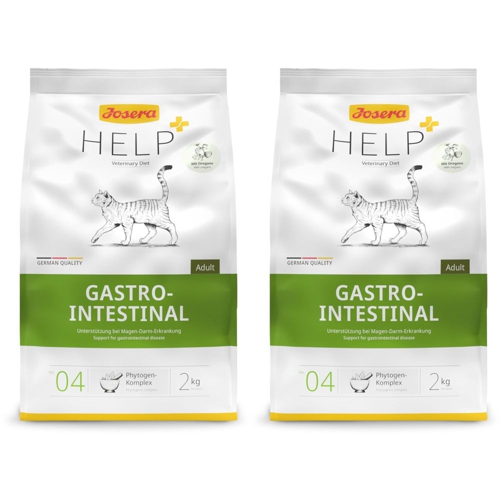 Zwei Beutel Tiernahrung. Aufschrift: Josera Help Gastrointestinal. Abbildung einer Katze. Grün-weiße Verpackung.
