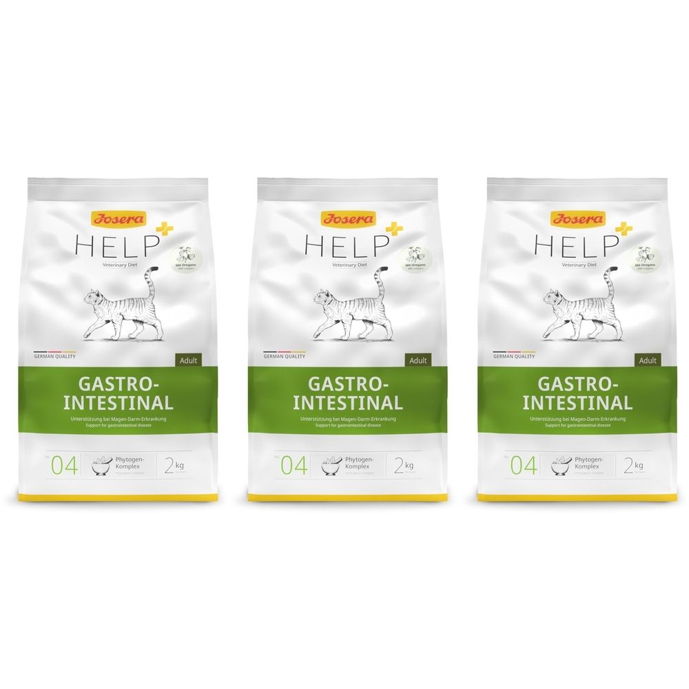 Drei Beutel Tiernahrung. Aufschrift: Josera HELP GASTRO-INTESTINAL. Weiße Beutel mit grünem Streifen und Katzenabbildung.
