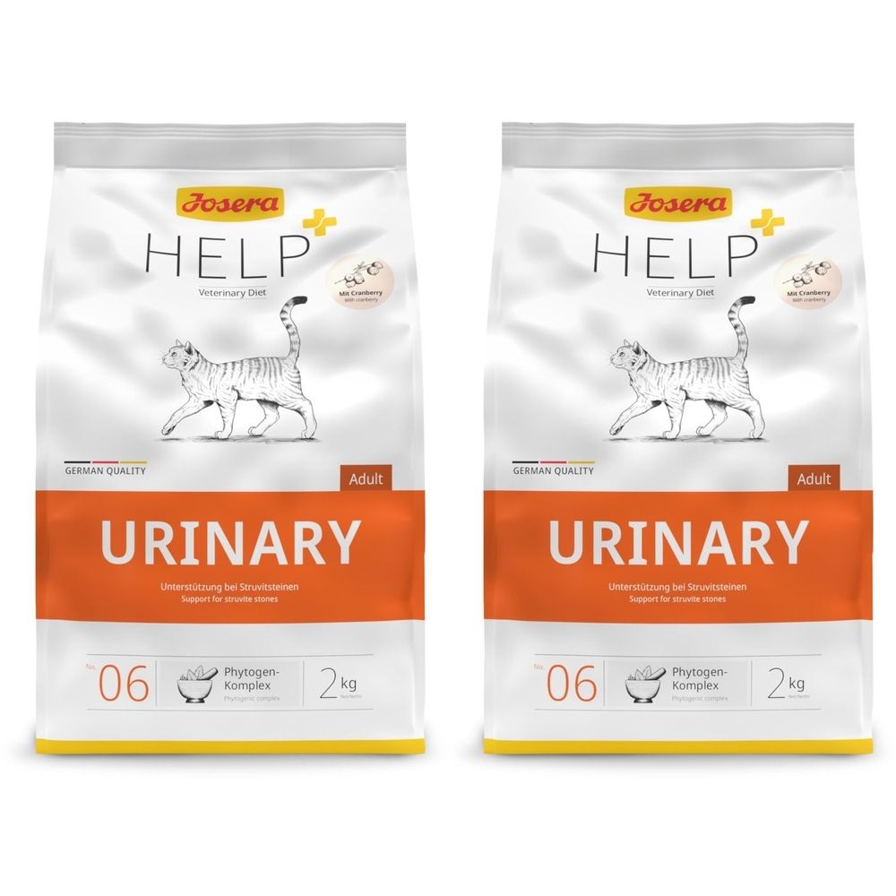Zwei Beutel Tiernahrung. Aufschrift Josera Help Urinary. Abbildung einer Katze. Orangefarbener Streifen mit Aufschrift Urinary. 2 kg.