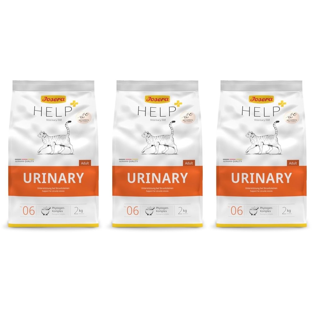 Drei Beutel Josera Help Cat Urinary Trockenfutter. Weiß, orange und gelb. Aufschrift: HELP, URINARY, 2 kg.